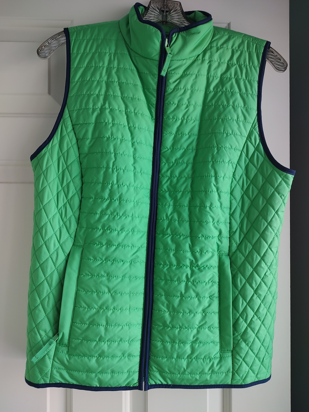 Talbots Bright Green Quilted Vest with Blue Trim